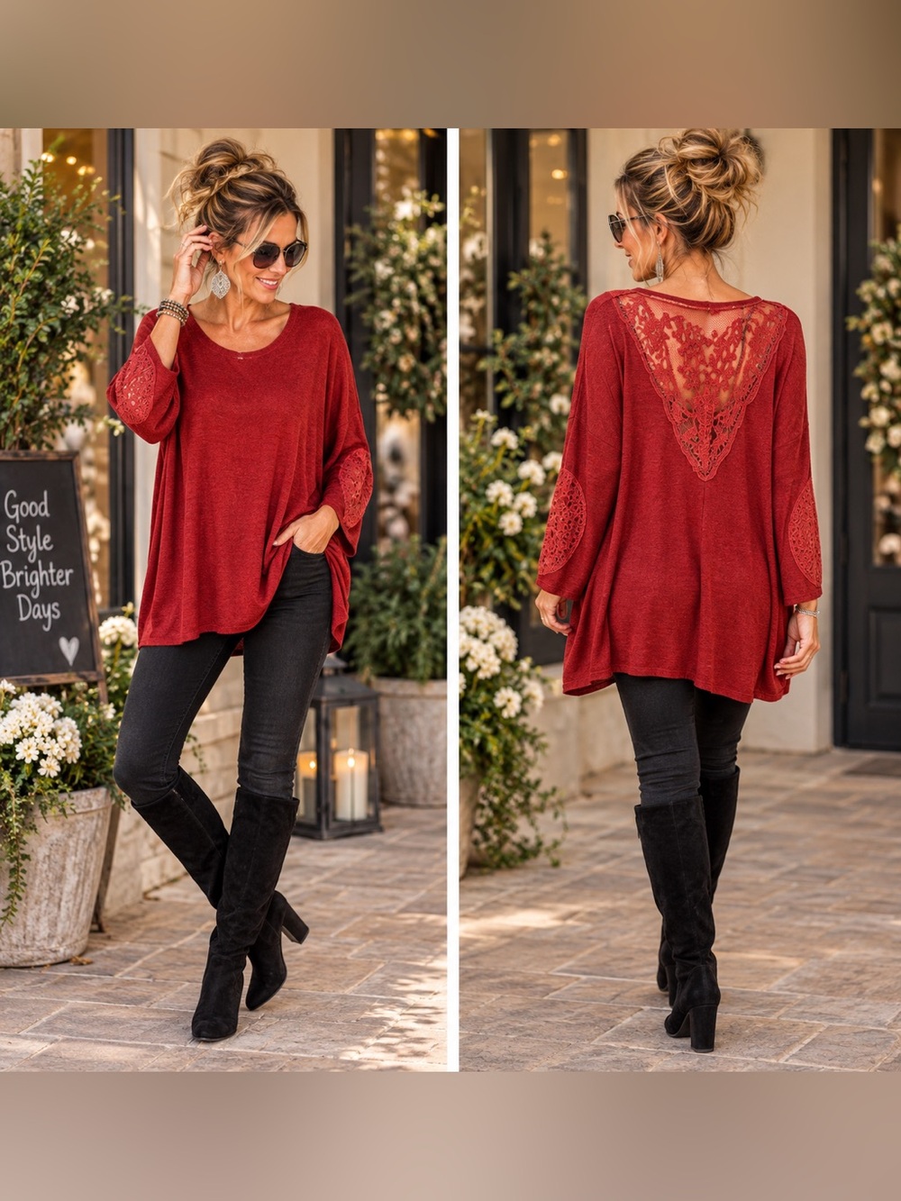 Simply Noelle Red Lace Back Oversized Tunic Top L/XL